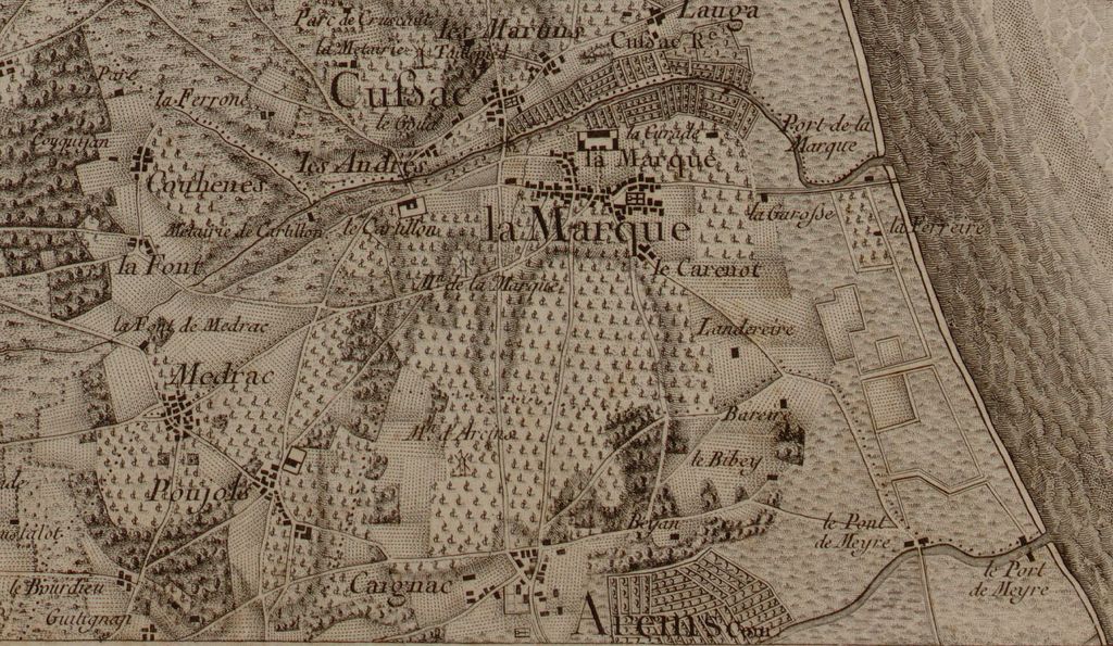 Extrait de la carte de Belleyme, indiquant le Pont de Meyre (2e moitié 18e siècle).