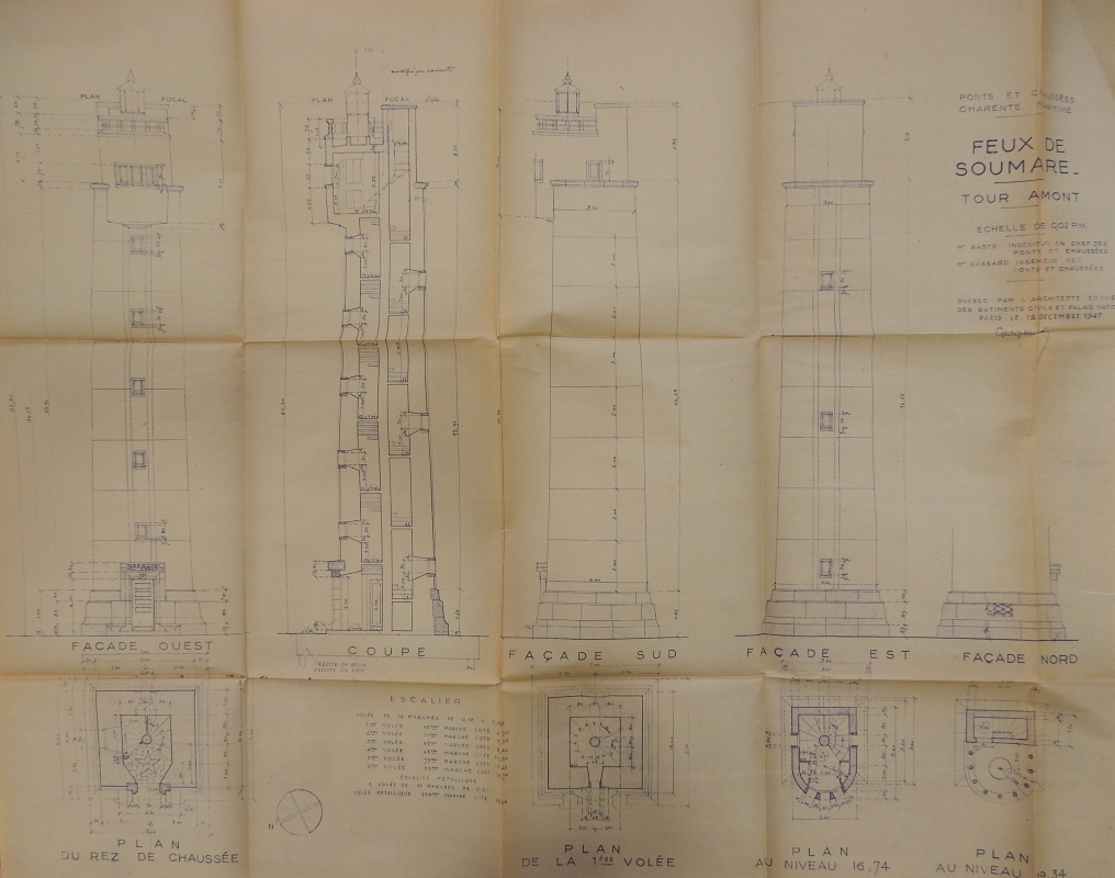  Plans et élévations de la tour amont par l'architecte Georges Martin, 1947.