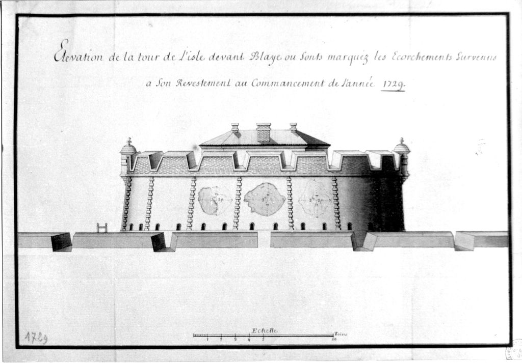Elévation de la tour de l'île devant Blaye où sont marqués les écorchements survenus en 1729. Dessin, encre et lavis.