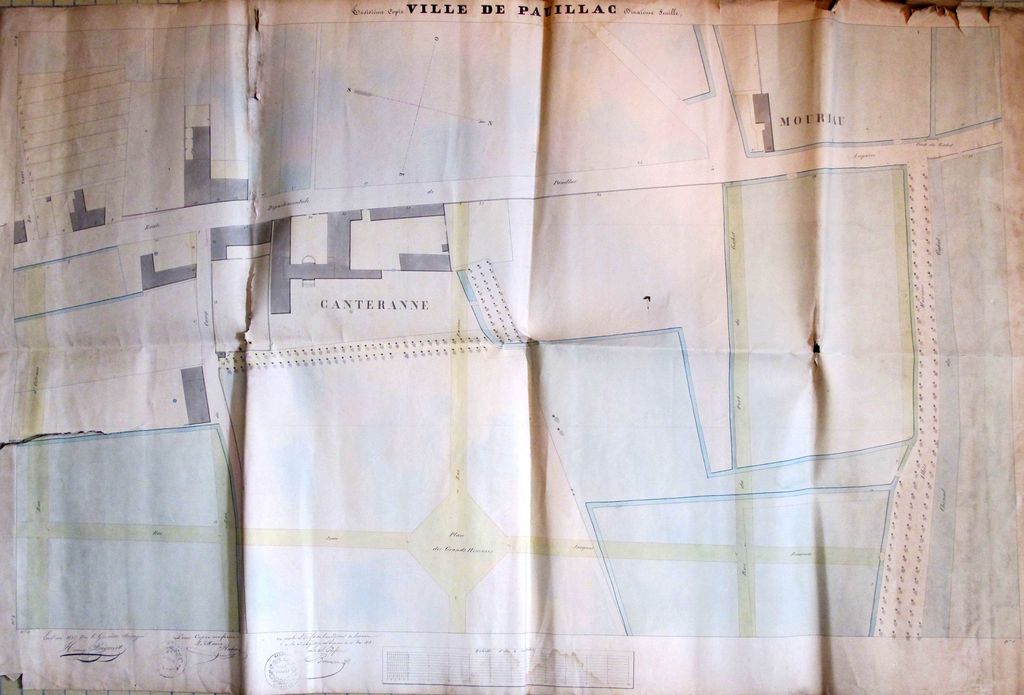 « Plan de la Ville de Pauillac, troisième copie, deuxième feuille ». Papier, encre, lavis, par Henry Bagouet (géomètre), 1835.