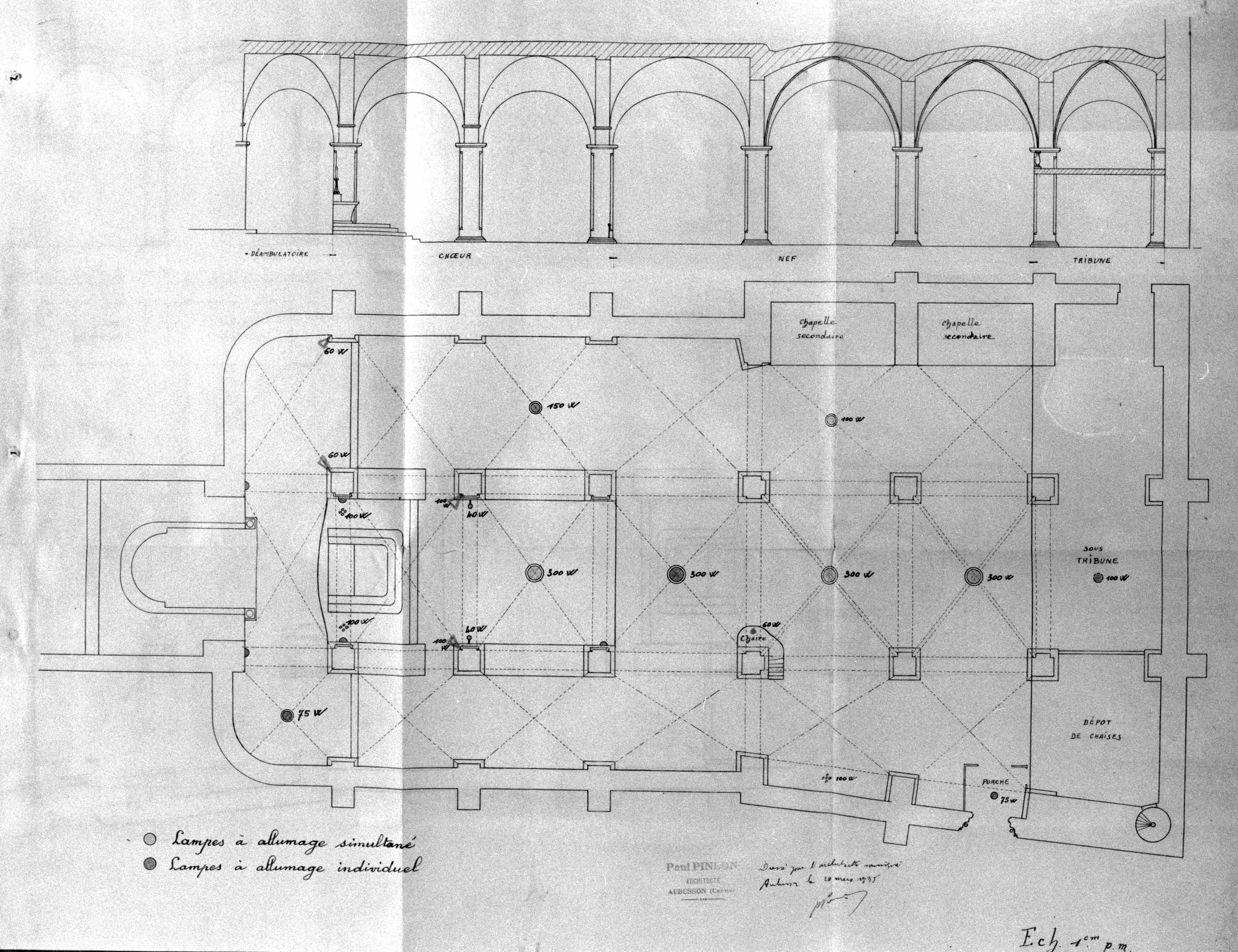 Plan et coupe des voûtes de la nef, par l'architecte Paul Pinlon (1935) (AC Aubusson).