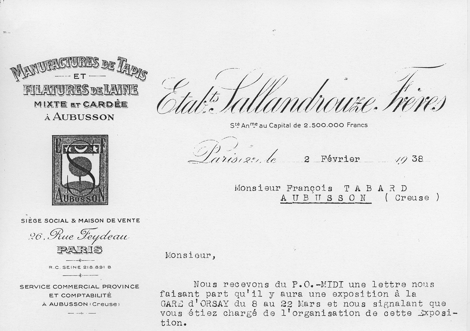 En-tête d'une lettre de la manufacture Sallandrouze en 1938 (Aubusson, centre de documentation du Musée départemental de la Tapisserie)