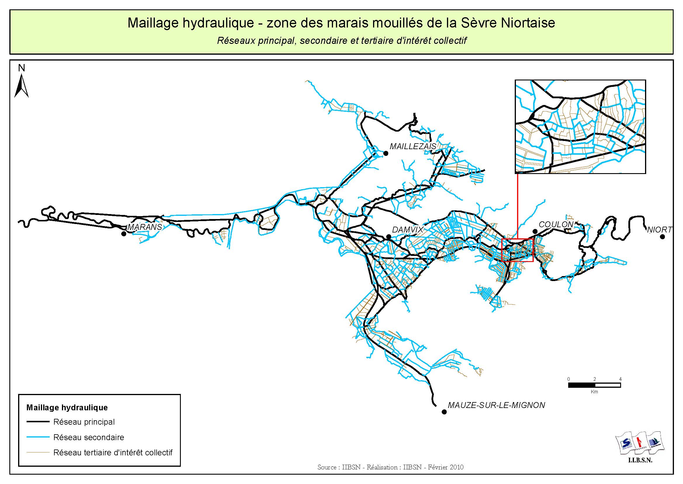 Carte du maillage hydraulique des marais mouillés du Marais poitevin (source : IIBSN).