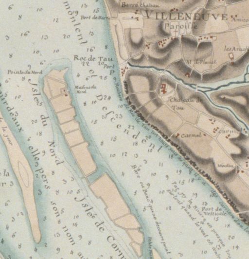 Extrait de la carte de Masse, 1724 : indication de l'Ile du Nord et de l'île de Carmeil.
