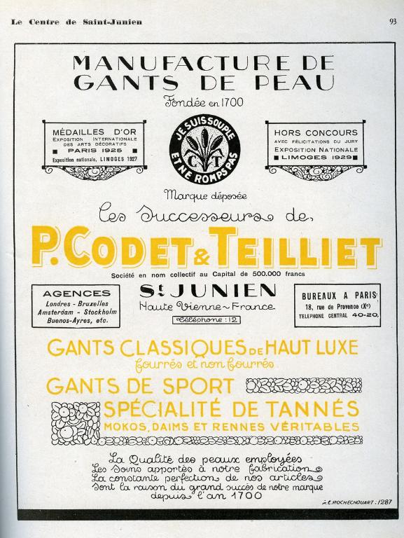 Publicité pour la ganterie Codet-Teilliet.