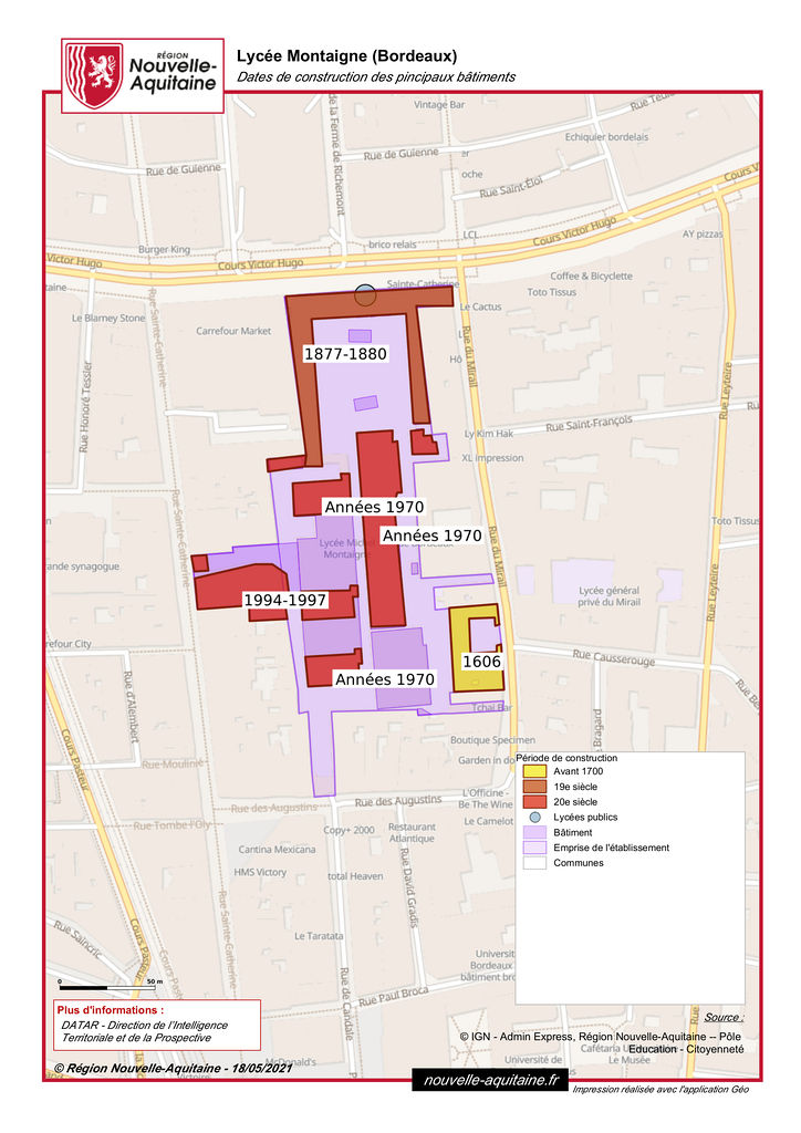 Plan du lycée avec les dates de construction des principaux bâtiments.