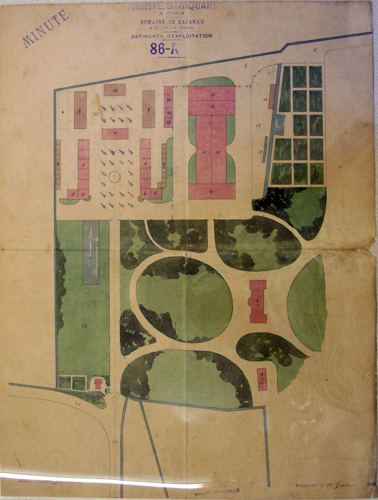 Domaine de Lacanau : bâtiments d'exploitation, plan d'ensemble, 18 juin 188[7 ?].