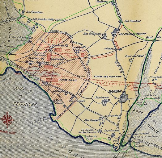 Extension du site archéologique du Fâ sur la commune de Barzan, carte vers 1980.