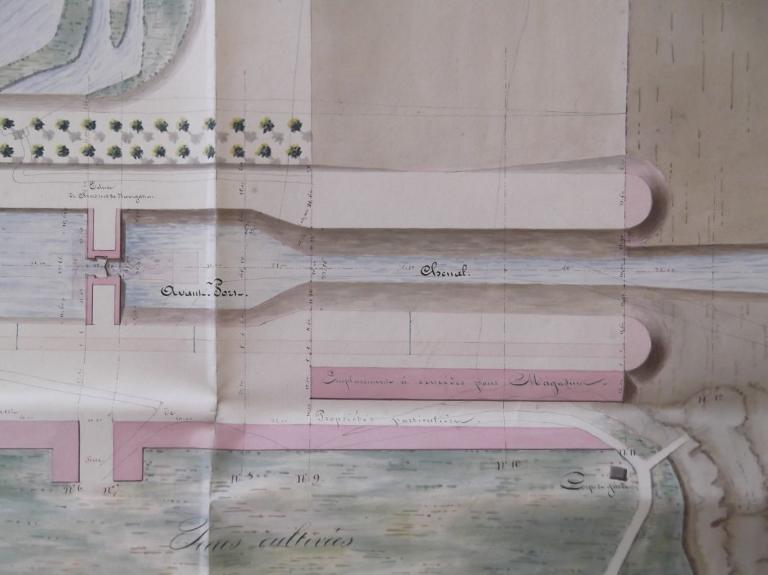 Projet d'aménagement du port en 1847 par l'ingénieur Potel : détail, redressement du chenal et création de quais et de jetées.