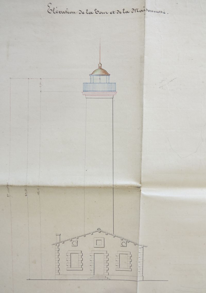 Projet de création de la lanterne octogonale au sommet du phare, 2 mars 1840, par l'ingénieur Lessore : élévation sud.