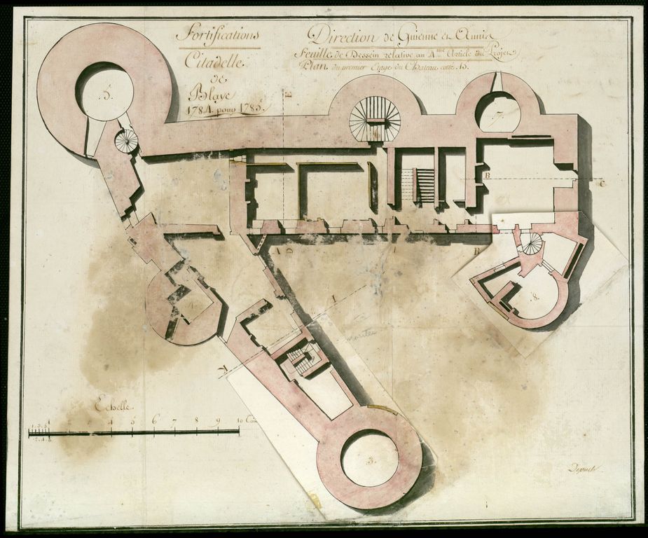 Plan du premier étage du château [avec retombes]. Dessin, encre et lavis, par Depuch, 1784.