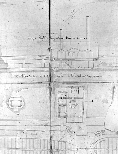 Plan des bassins n° 1 et 2 et du local de la machine d'épuisement, s.n., s.d. Encre sur papier, 67 x 97 cm. Détail du bâtiment d'épuisement.
