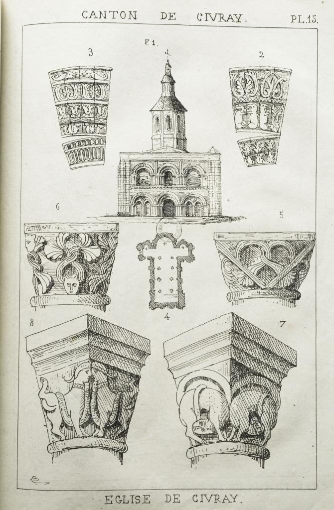 Plan, façade, chapiteaux, d'après Brouillet, 1865.