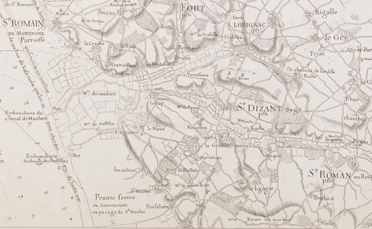 Saint-Dizant-du-Gua sur la carte du 52e carré par Claude Masse, en 1718.