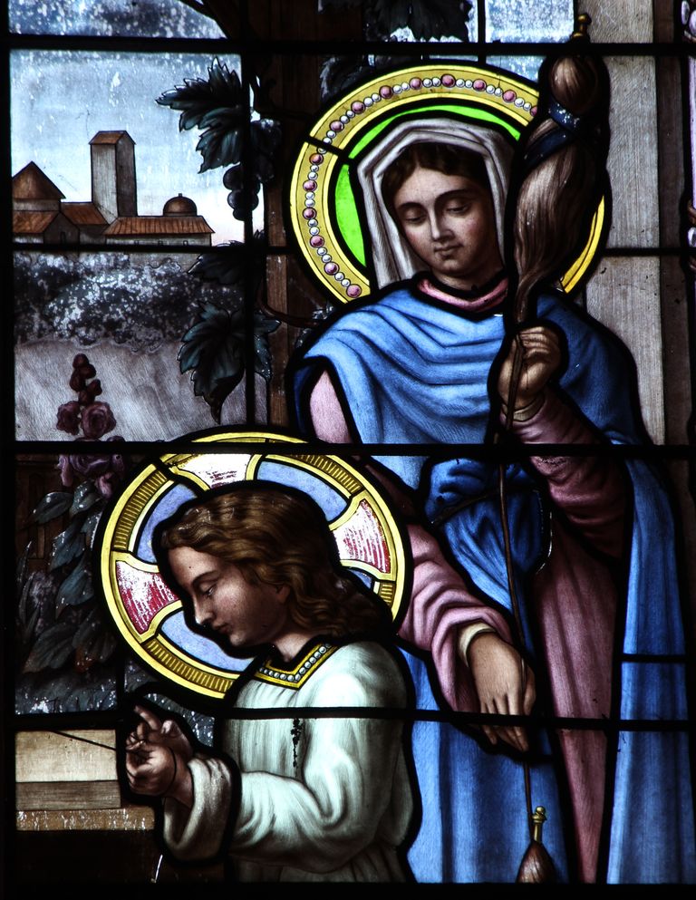 Baie 1 : Sainte Famille dans l'atelier (détail : la Vierge et l'Enfant).