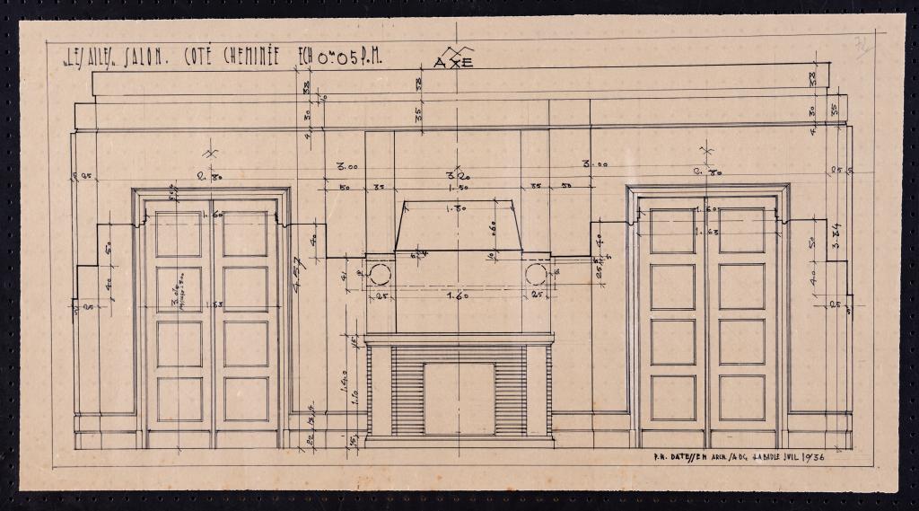 Salon, rez-de-chaussée, élévation du côté de la cheminée, P. H. Datessen, La Baule, juillet 1936.