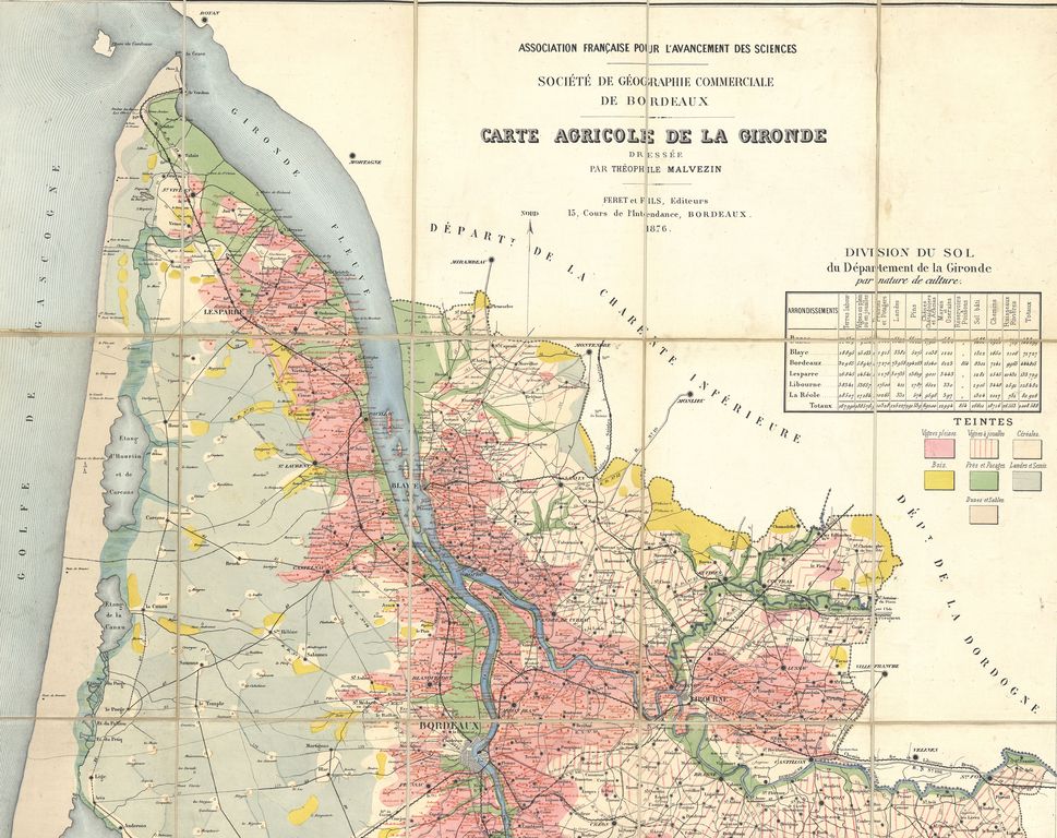 Carte agricole de la Gironde dressée par Théophile Malvezin, 1876.