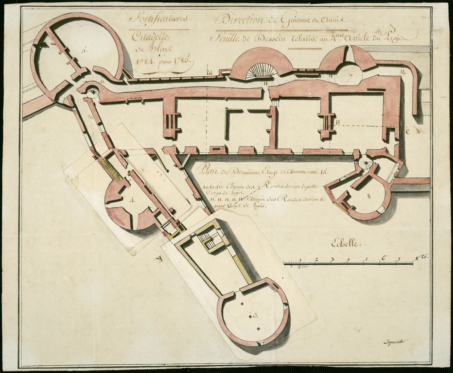Plan du deuxième étage du château [avec retombes]. Dessin, encre et lavis, par Depuch, 1784.