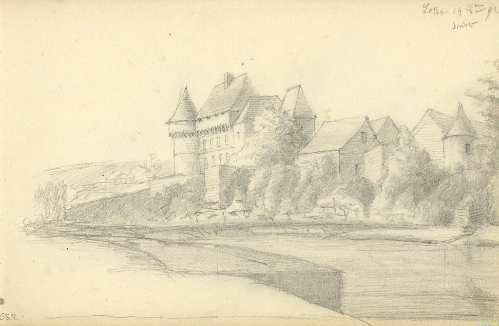Vue d'ensemble du château au nord-est depuis la rive gauche de la Vézère, dessin d'Anatole Rouméjoux, 14 octobre 1892 (AD Dordogne, 41 Fi 01, carnet n° 38).