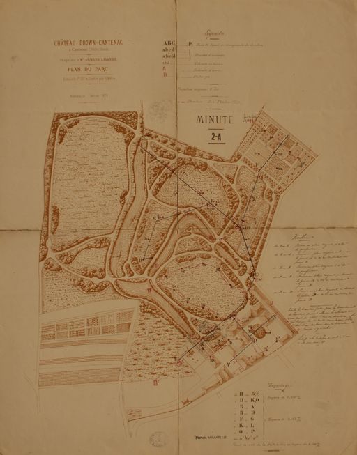Plan du parc, projet de nivellement. Ernest Minvielle (architecte), janvier 1874.
