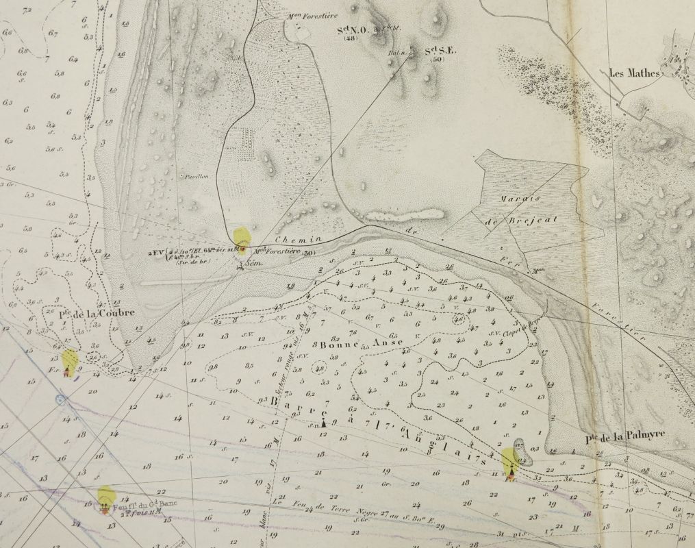 Extrait d'une carte de la Gironde en 1894 : une flèche de sable commence à se former à la pointe de la Coubre.