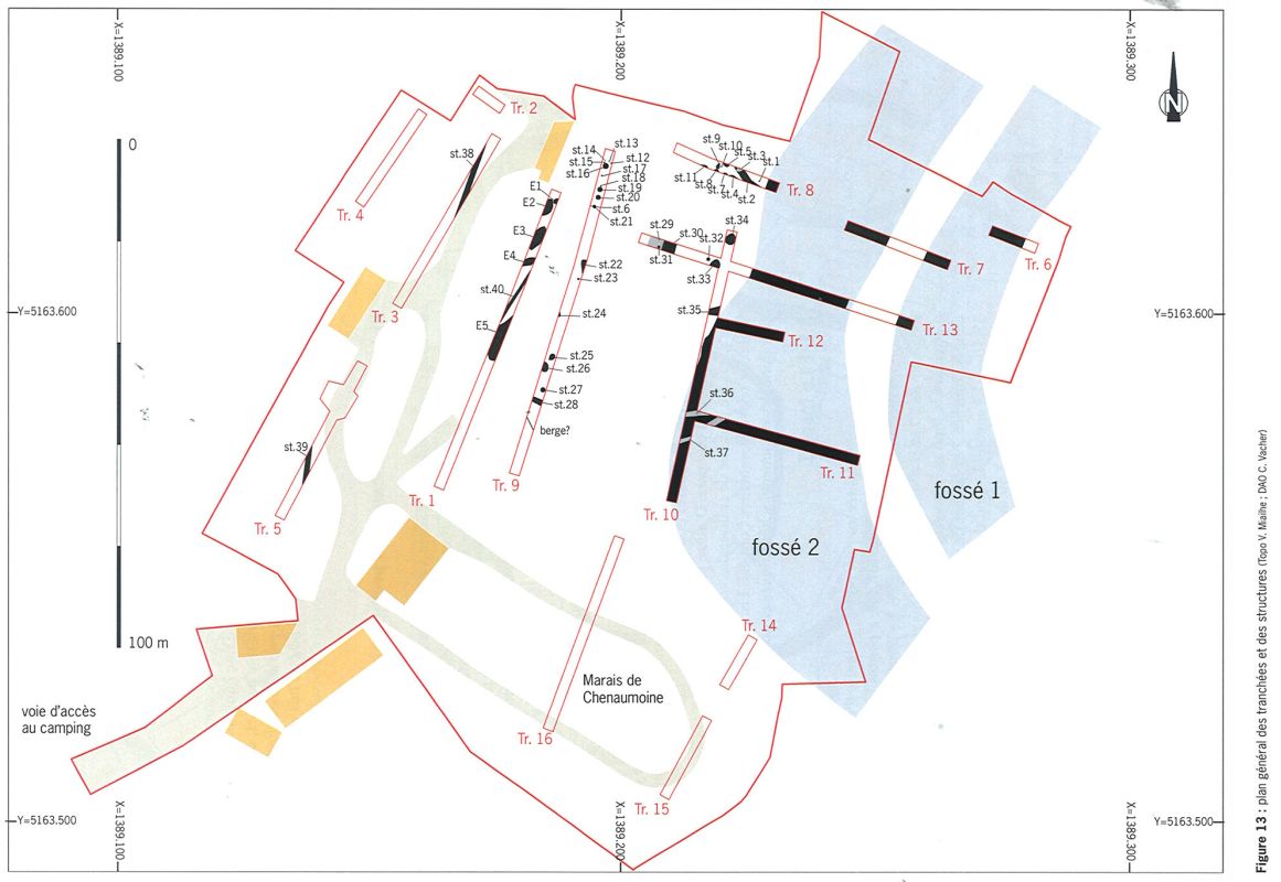 Plan général des vestiges du Châta mis au jour lors des sondages archéologiques de 2012.
