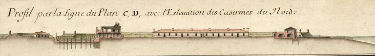 Plan et profils du fort de Médoc, détail : Profil par la ligne du plan CD, avec l'élévation des casernes du nord.