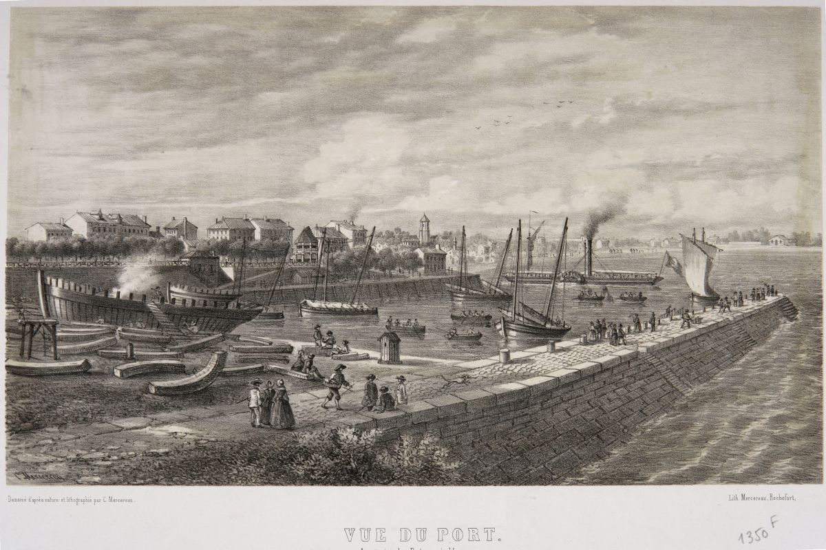 Le port vers 1850 avec, à gauche, le chantier naval (avant création du quai L'Herminier) et, à droite, la Vieille jetée.