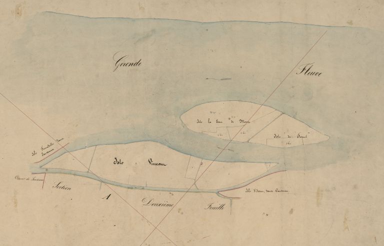 Extrait du plan cadastral de 1826 : île Vincent, île de la Tour de Mons et île de Fumel.