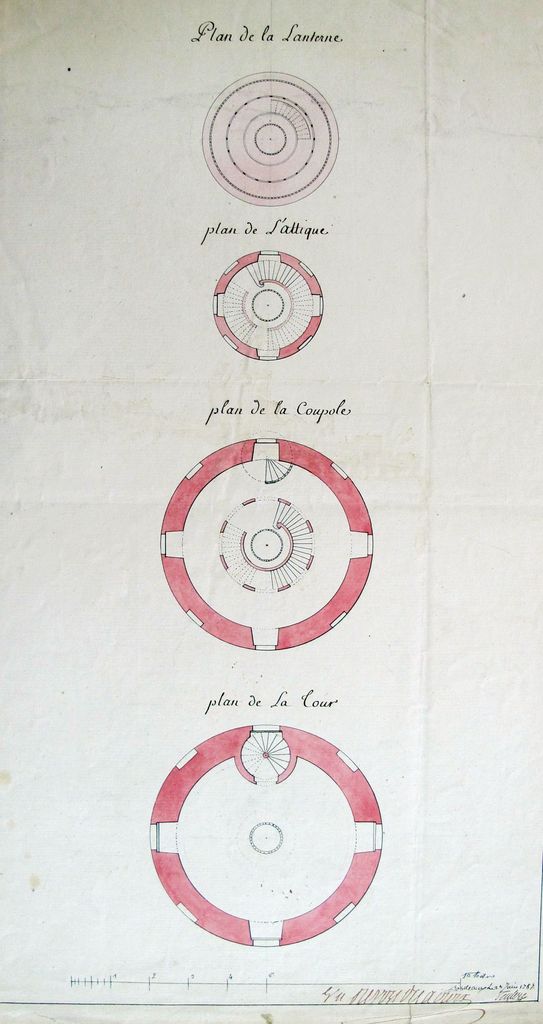 Plan de la lanterne, plan de l'attique, plan de la coupole, plan de la tour, par Teulère, 27 juin 1787.