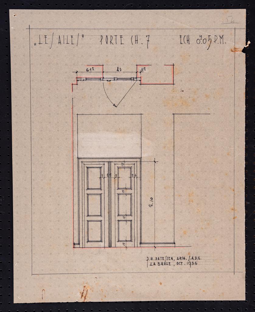 Chambre 7 au premier étage, élévation de la porte d'entrée, P. H. Datessen, La Baule, octobre 1936.