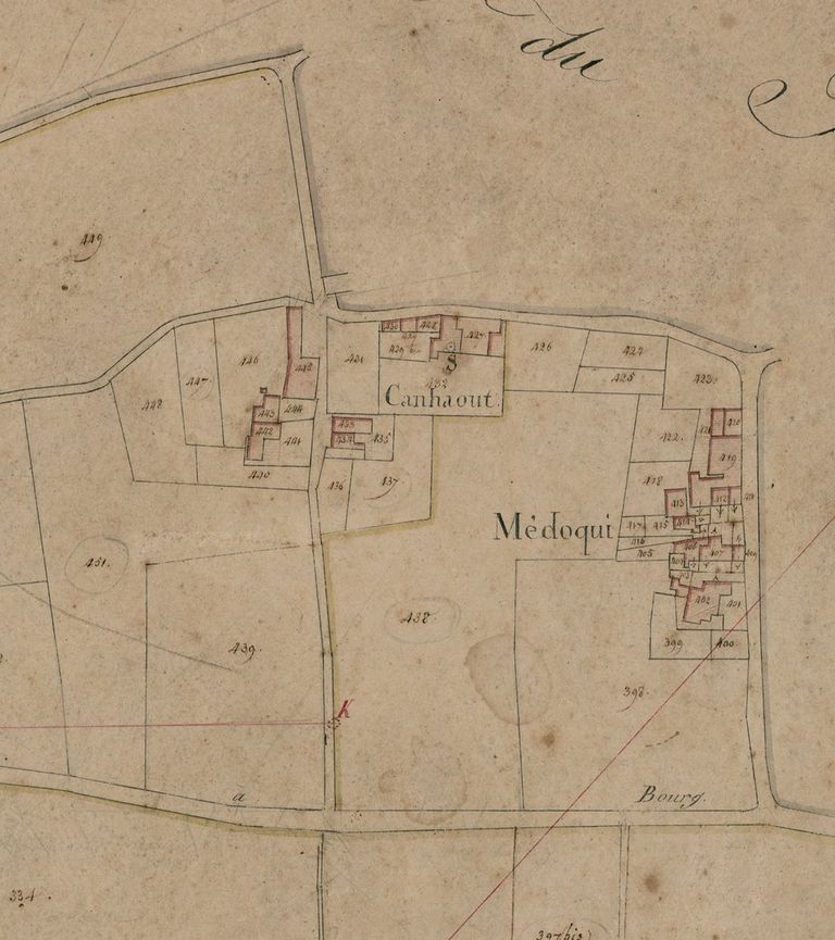 Extrait du plan cadastral, section B1, 1820 : lieux-dits Canhaout et Médoqui (aujourd'hui Camp-Haut).