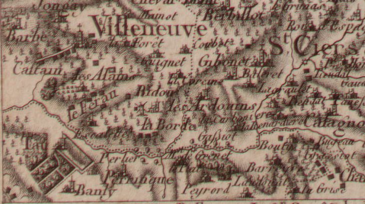 Détail de la carte de Belleyme, partie nord de la commune de Gauriac, planche 13, 1761-1764.