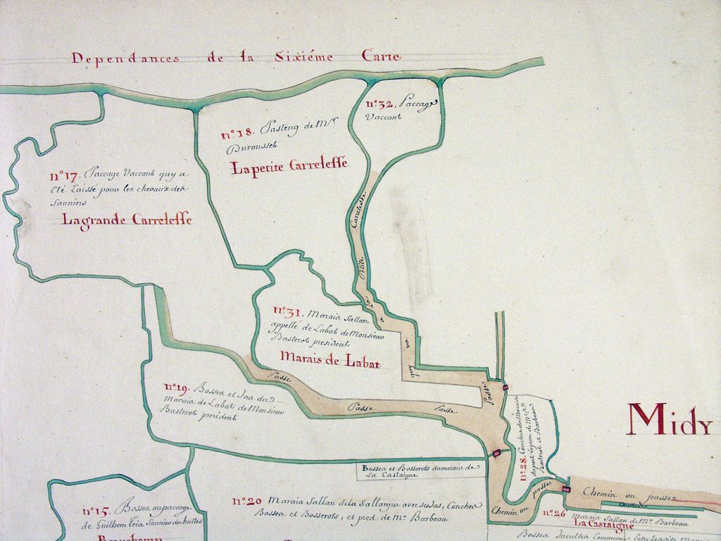 Plan parcellaire des terres et domaines dépendants de la seigneurie de Lesparre, paroisse de Soulac, 18e siècle : détail de marais salants.