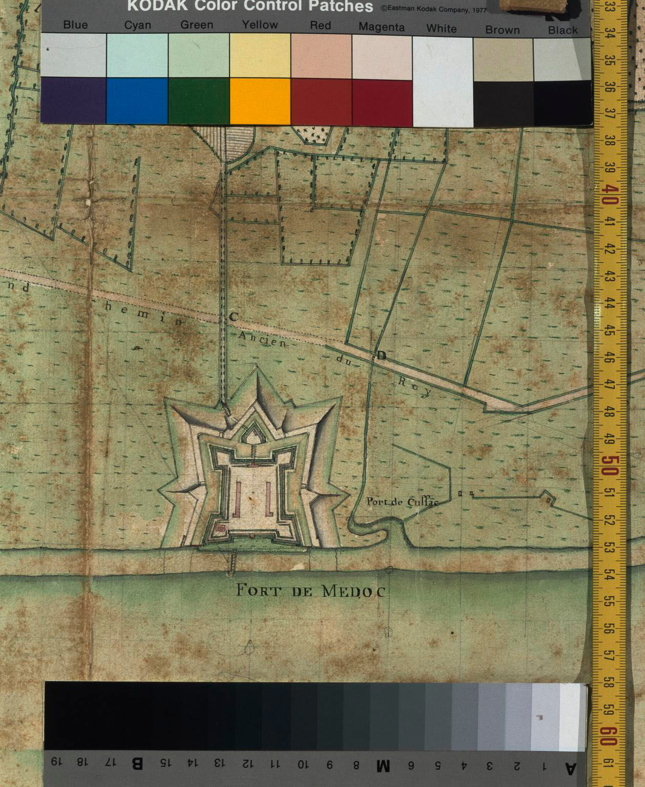 Extrait du plan et carte d'une partie du Médoc, dressé par Reveillaud, architecte à Blaye, 18e siècle.