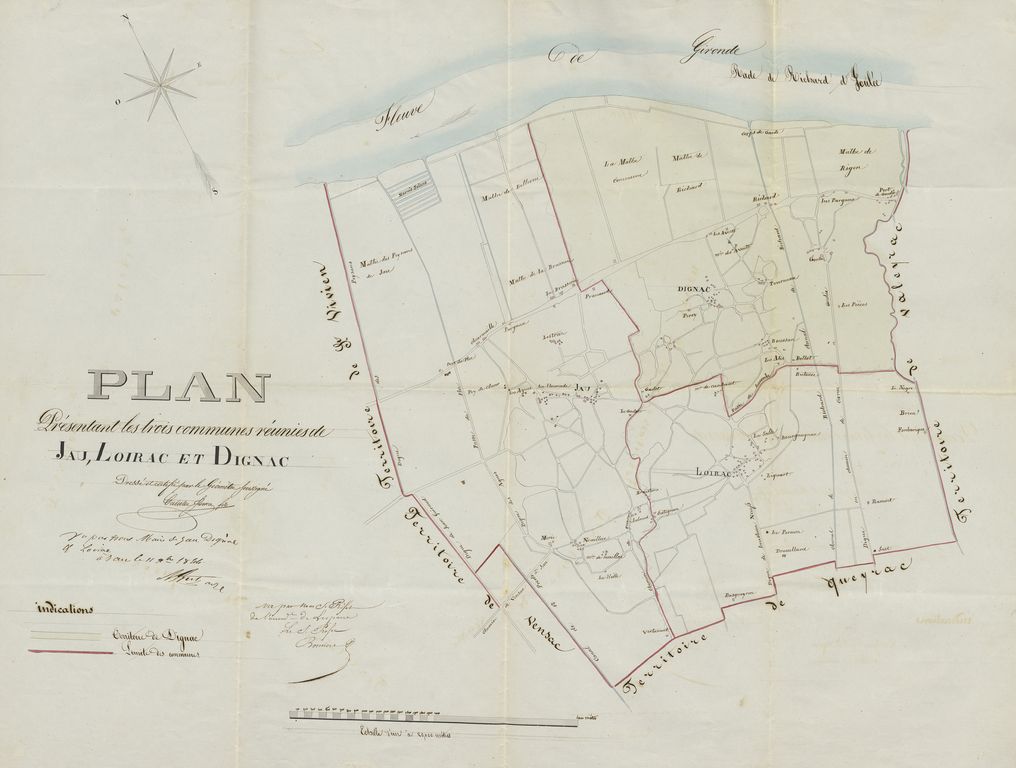 Plan présentant les troix communes réunies de Jau, Dignac et Loirac, vers 1844.