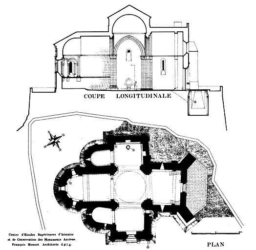 Plan et coupe longitudinale de l'église, par François Monnet, architecte.