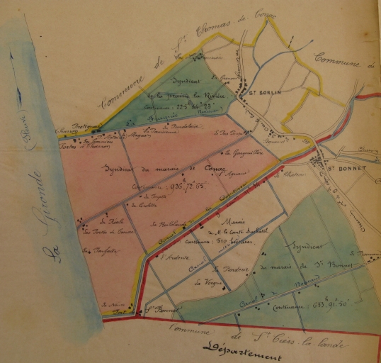 Carte des syndicats de marais à Saint-Sorlin-de-Cônac et Saint-Bonnet-sur-Gironde en 1883.