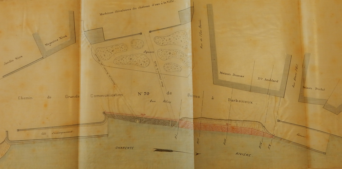Plan du quai en 1894, avec le projet de construction d'un perré. 