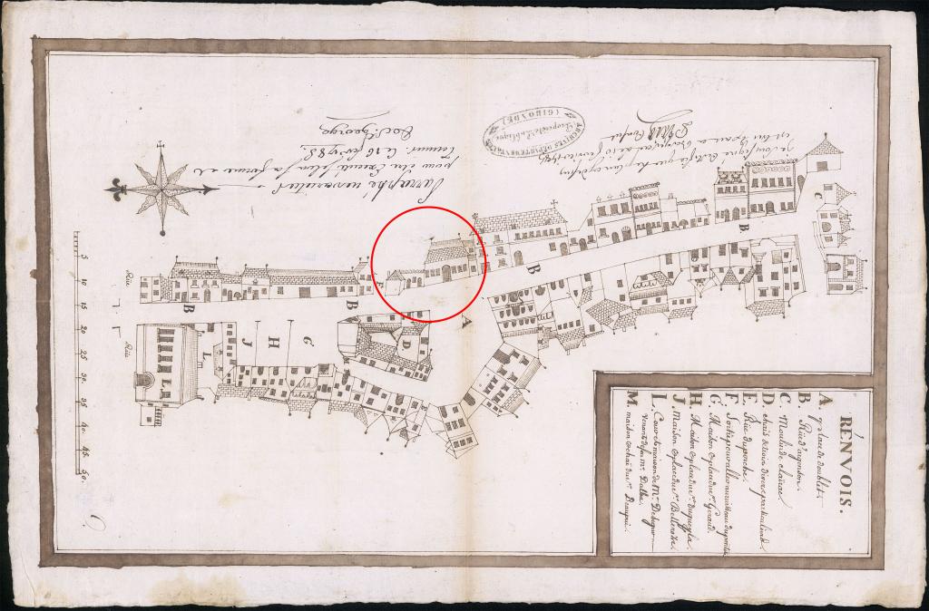 Plan d'une portion de la rue Neuve d'Argenson à Bergerac, avec localisation de la maison dite maison Leydier, certifié exact le 10 février 1785 (le nord est à gauche).