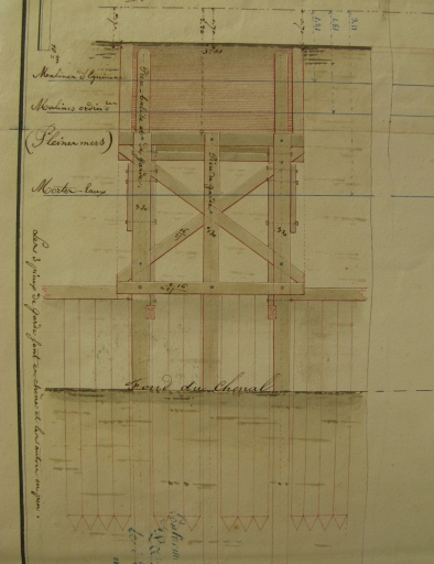 Dessin détaillé de l'un des appontements à construire sur la rive droite du chenal, par l'ingénieur Lessore, en 1841.