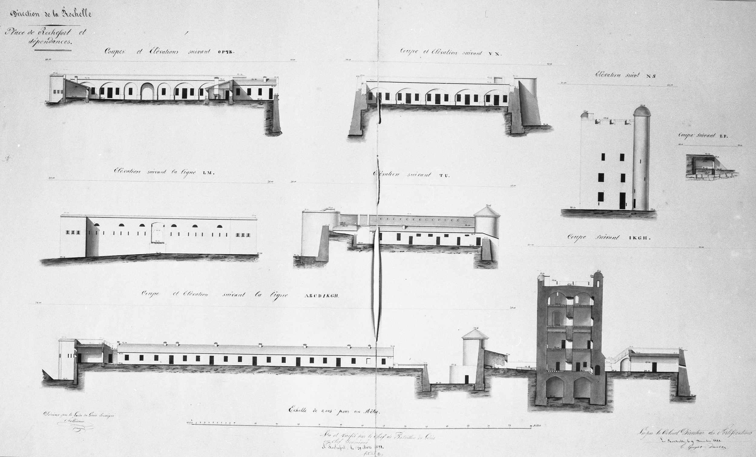 Elévations et coupes du fort de Fouras en 1851.