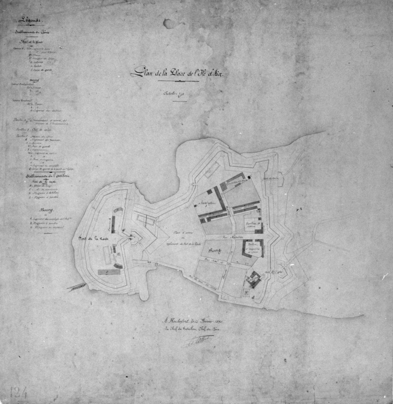 Plan de la place de l'île d'Aix : le fort de la Rade et le bourg, 1890. 