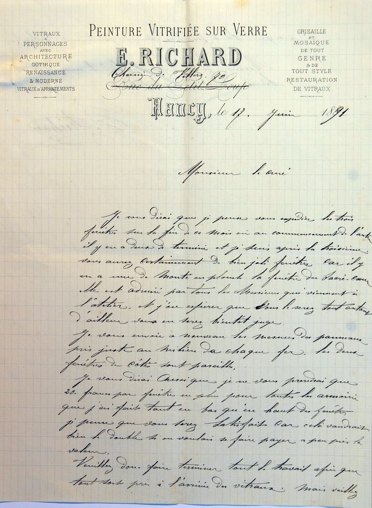 Lettre du verrier nancéien Émile Richard au curé Éloi Foy, annonçant l'envoi des trois verrières du chœur pour fin juin ou début juillet, 17 juin 1891, début (AP Coudures).