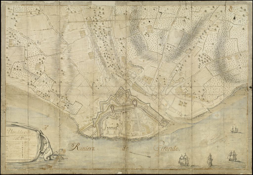 Plan de la ville, château et faubourg de Blaye, en 1680. Dessin, encre et lavis.