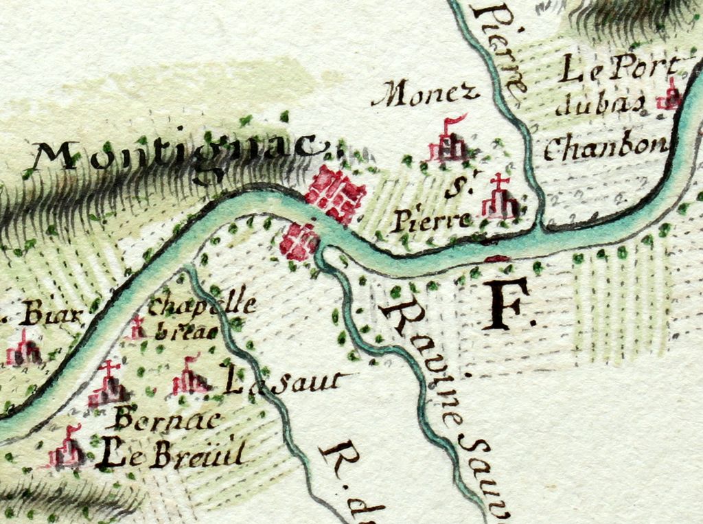 Détail de la « carte du cours de partie des rivières de Dordogne et Vézère en Périgord » levée en 1696 par François Ferry (AD Gironde, 3 JC 17, fol. 56).
