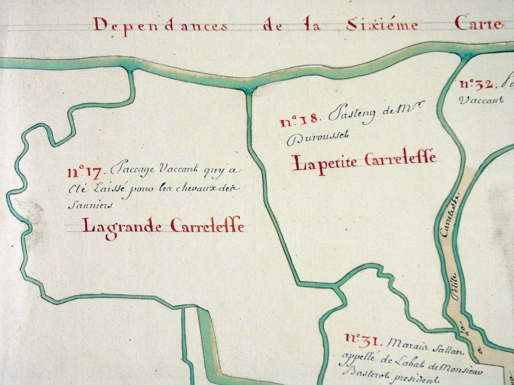 Plan parcellaire des terres et domaines dépendants de la seigneurie de Lesparre, paroisse de Soulac, 18e siècle : détail des marais salants.