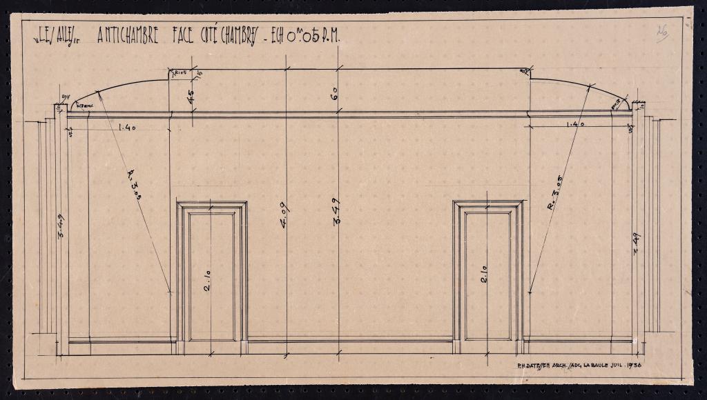 Antichambre de l'appartement du rez-de-chaussée, élévation de la face du côté de la petite chambre et du petit salon, P. H. Datessen, La Baule, juillet 1936.