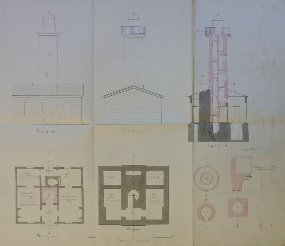 Plans, coupe et élévations de la tour de 1841, par Alexandre Potel, 13 août 1840.