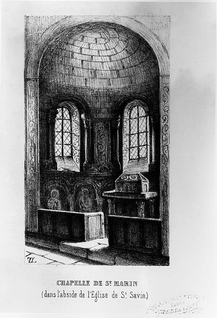 Église, chapelle d'axe, d'après une lithographie de l'ouvrage de Letouzé de Longuemar, 1851.